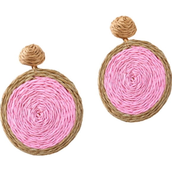 Pastel Pink Round Rattan Oversized Statement Earrings Wicker Large Dangle New - Picture 4 of 5